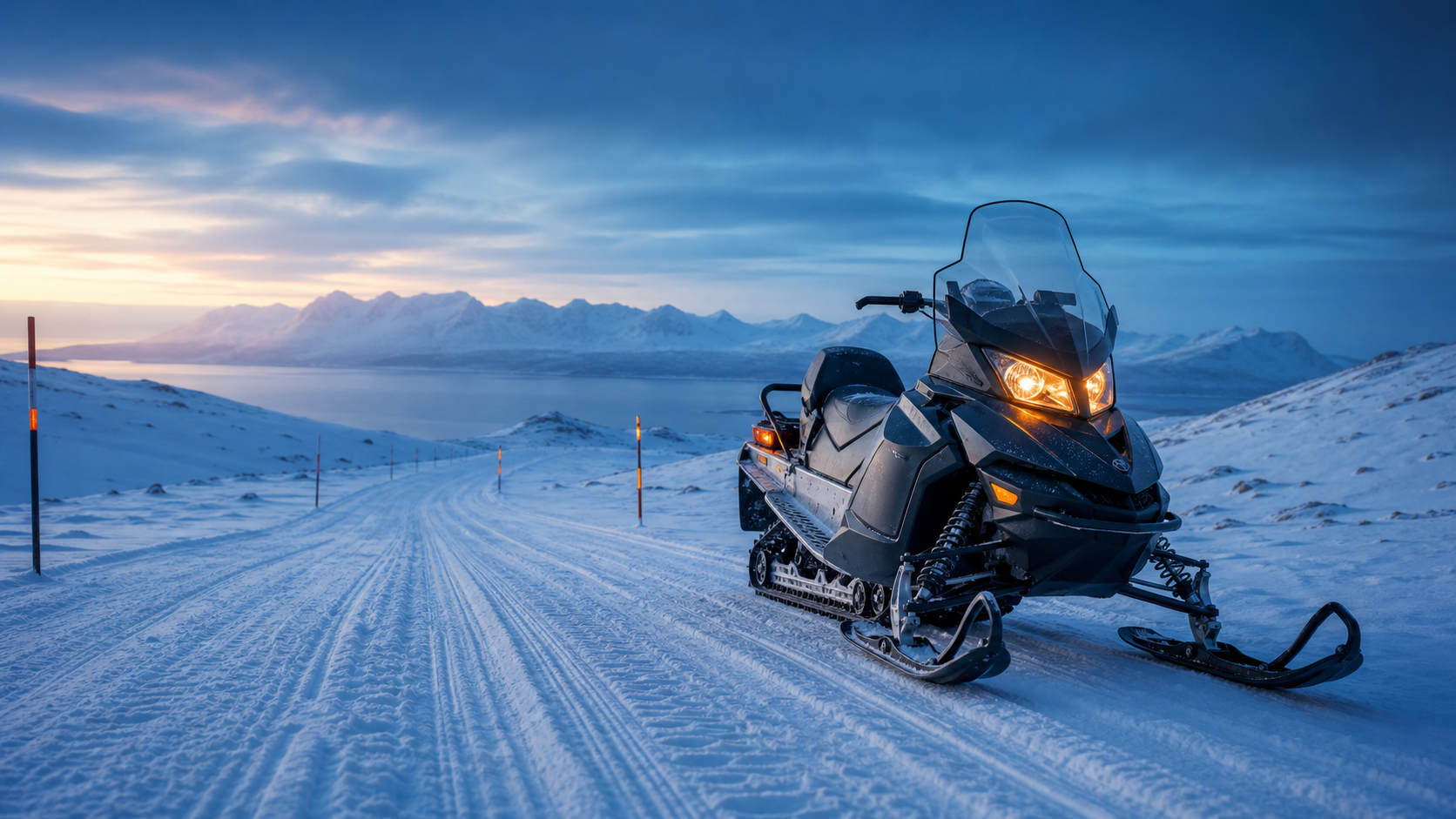 Snøscooter i merket vinterløype med fjell i bakgrunnen